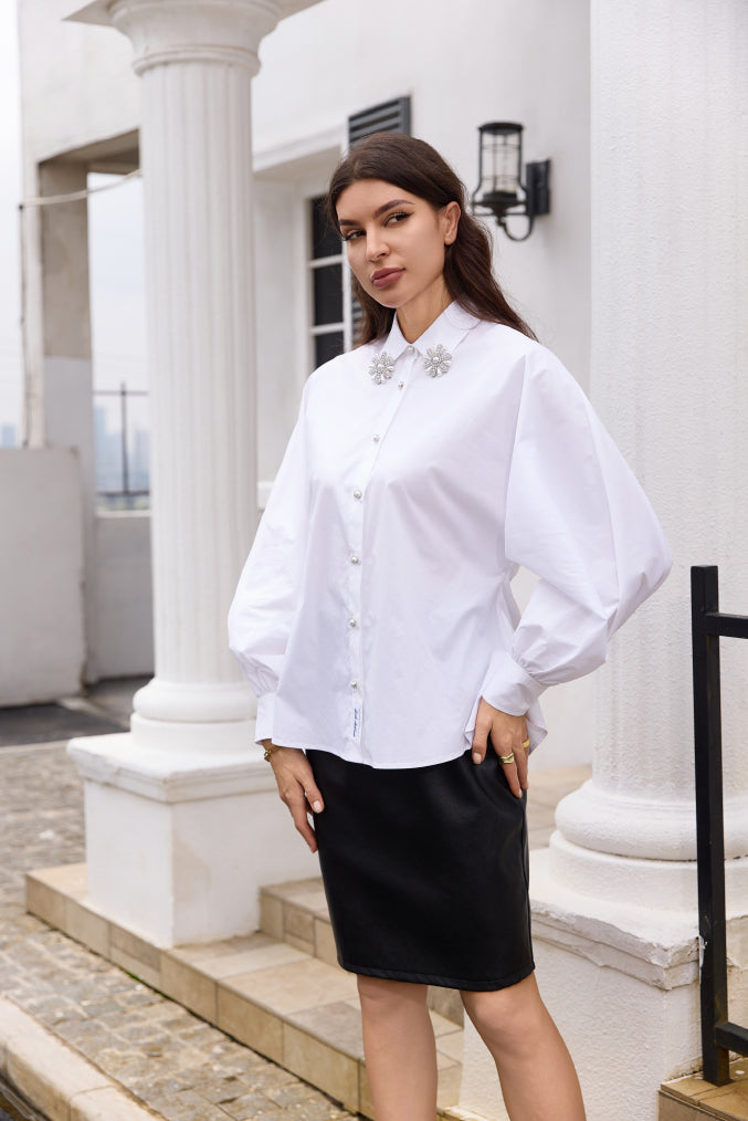 Azura Pearl Embellished Bulbous Sleeved Shirt